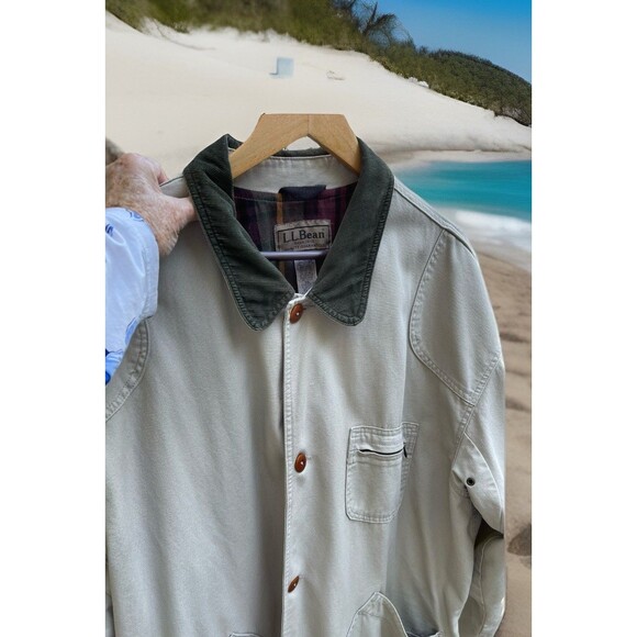 VTG LL Bean Chore Jacket Canvas Barn Khaki JV69 Green Corduroy Collar Men XXL - Picture 1 of 16